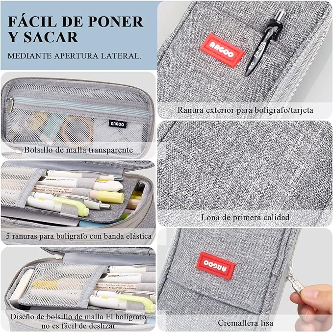 Estuche para Lápices de Grande Capacidad, Lapicera Organizador Expandible, Bolsa de Utiles Oficina, Estucheras Lapiceras Aesthetic para Plumones y Colores, Papelería con Cremallera (Gris).