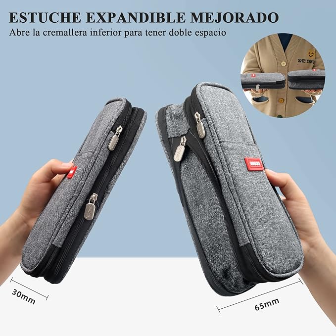 Estuche para Lápices de Grande Capacidad, Lapicera Organizador Expandible, Bolsa de Utiles Oficina, Estucheras Lapiceras Aesthetic para Plumones y Colores, Papelería con Cremallera (Negro).