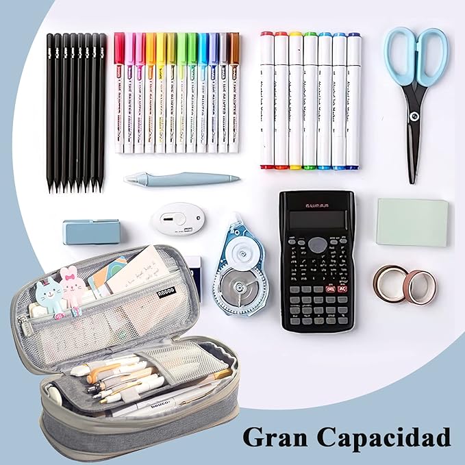 Estuche para Lápices de Grande Capacidad, Lapicera Organizador Expandible, Bolsa de Utiles Oficina, Estucheras Lapiceras Aesthetic para Plumones y Colores, Papelería con Cremallera (Gris).
