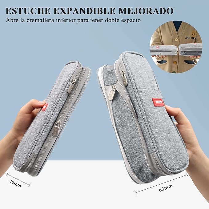 Estuche para Lápices de Grande Capacidad, Lapicera Organizador Expandible, Bolsa de Utiles Oficina, Estucheras Lapiceras Aesthetic para Plumones y Colores, Papelería con Cremallera (Gris).