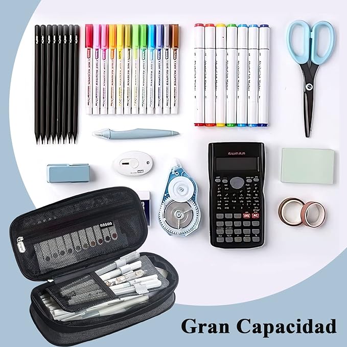 Estuche para Lápices de Grande Capacidad, Lapicera Organizador Expandible, Bolsa de Utiles Oficina, Estucheras Lapiceras Aesthetic para Plumones y Colores, Papelería con Cremallera (Negro).
