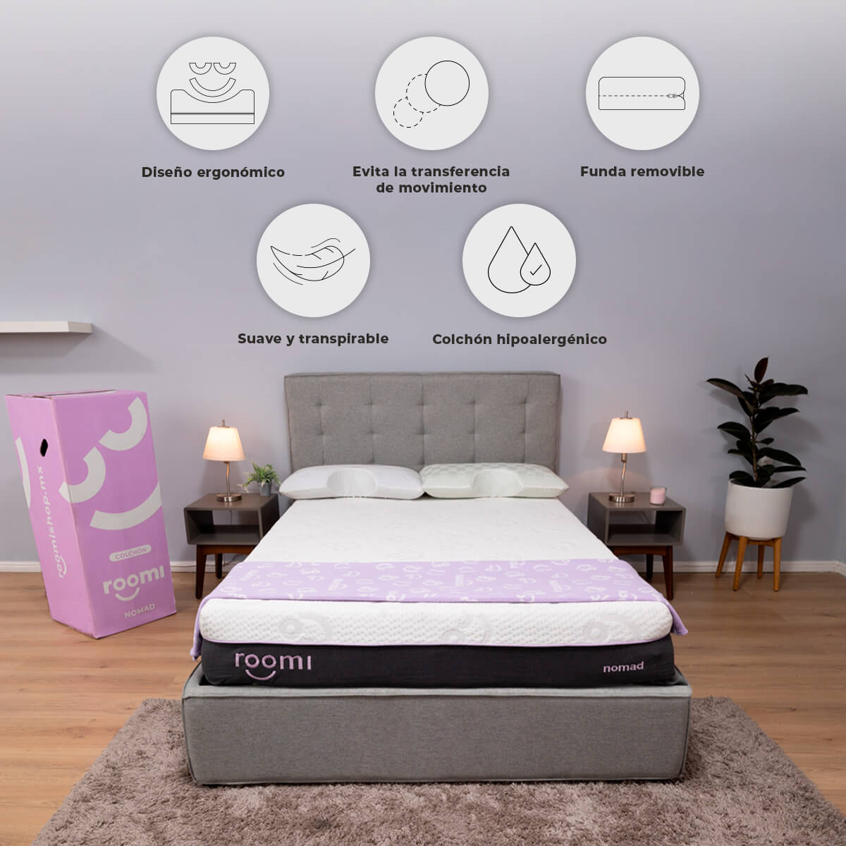 Colchón En Caja Queen Size Roomi Nomad Confort Firme, Memory Foam.