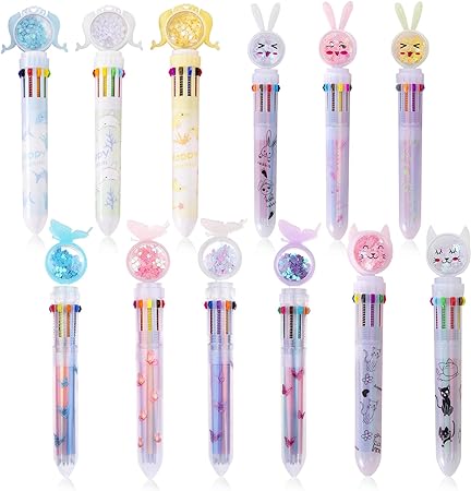 A 12 Pzs Bolígrafos Multicolores 10 en 1 de 0,5 mm, Bolígrafo Retráctil de Colores, Pluma Multicolor de Punta Fina para Oficina Material, Escolar, Estudiantes, Regalo para Niños.