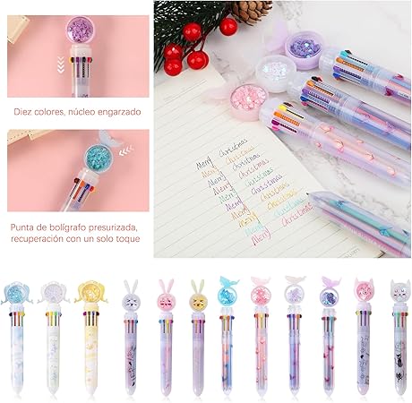 A 12 Pzs Bolígrafos Multicolores 10 en 1 de 0,5 mm, Bolígrafo Retráctil de Colores, Pluma Multicolor de Punta Fina para Oficina Material, Escolar, Estudiantes, Regalo para Niños.