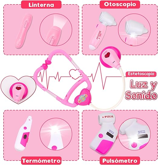 M KITCHEN CHOICE Juego de Doctor para Niños,41Pcs Kit de Doctora Juguetes para Nina,Doctora Juguetes con Luz y Sonido Incluir Estetoscopio,Bata de Laboratorio,Regalos para Niño y Niña de 3+ Años(Rosa).