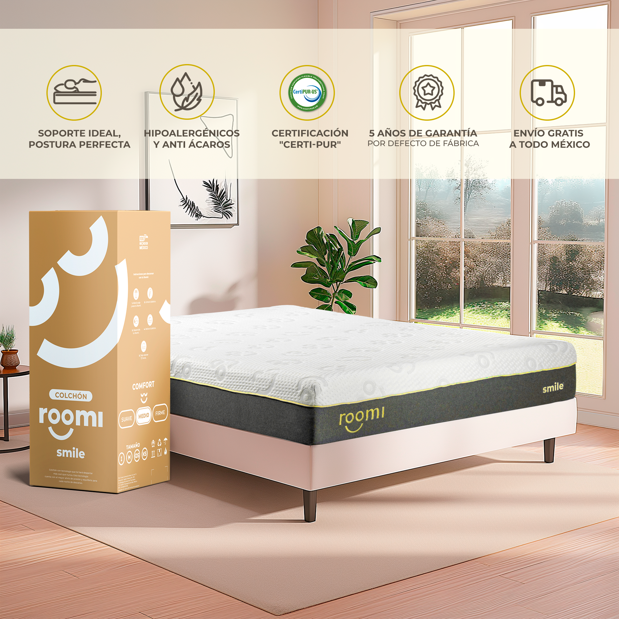 Colchón en Caja Queen Size Roomi Smile De Memory Foam Confort Medio.