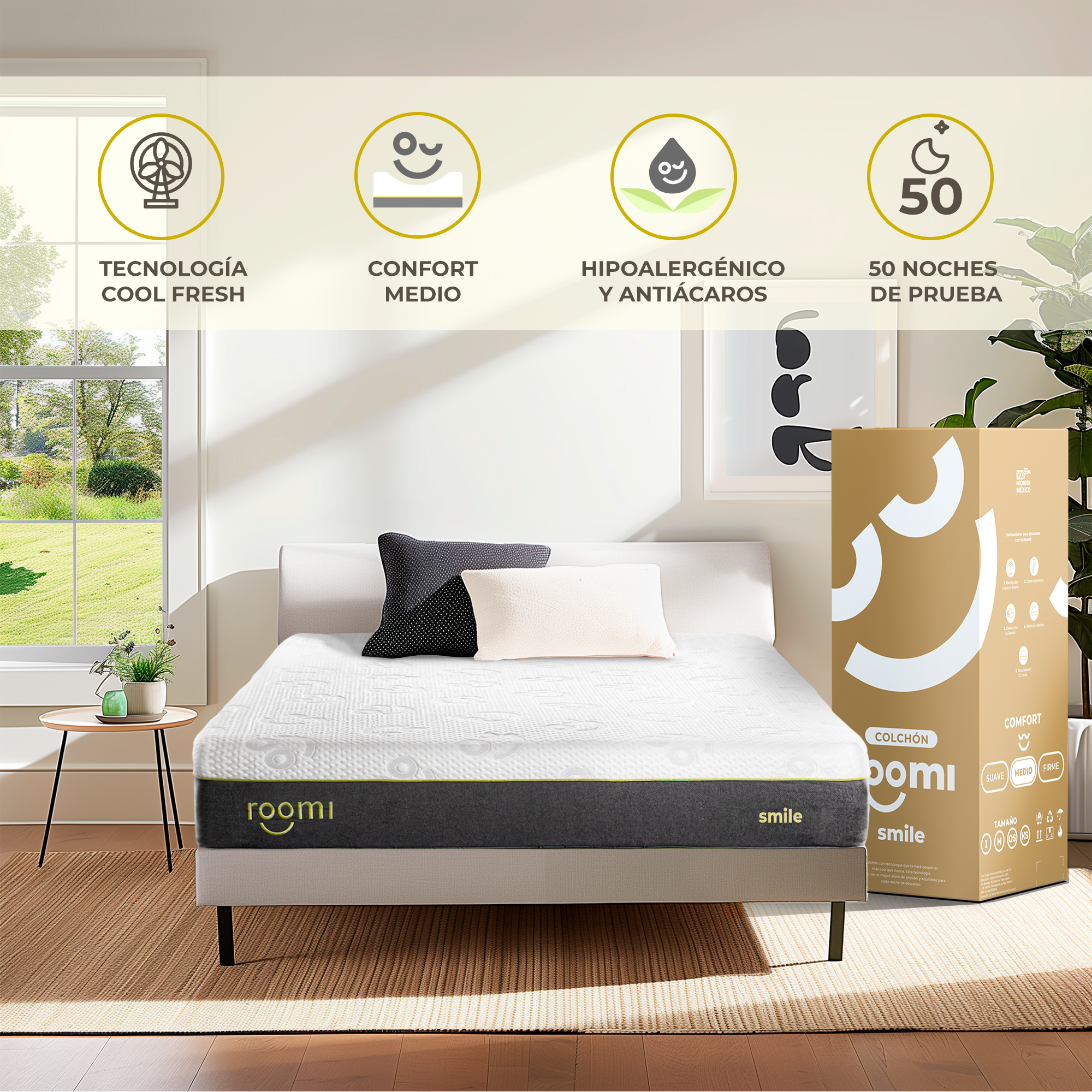Colchón en Caja Queen Size Roomi Smile De Memory Foam Confort Medio.