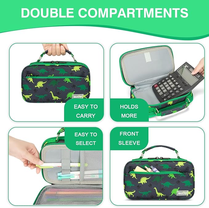 Estuche Grande, VASCHY Estuche para Lápices Portalápices Lápiz Organizador Oficina Papelería Bolsa Grande para Bolígrafos para Niños Adultos, Dinosaurio Verde.