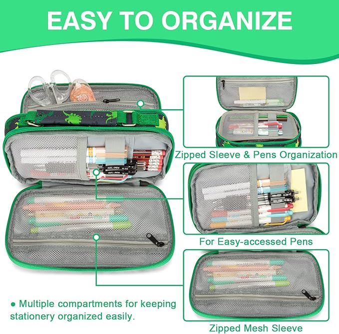 Estuche Grande, VASCHY Estuche para Lápices Portalápices Lápiz Organizador Oficina Papelería Bolsa Grande para Bolígrafos para Niños Adultos, Dinosaurio Verde.