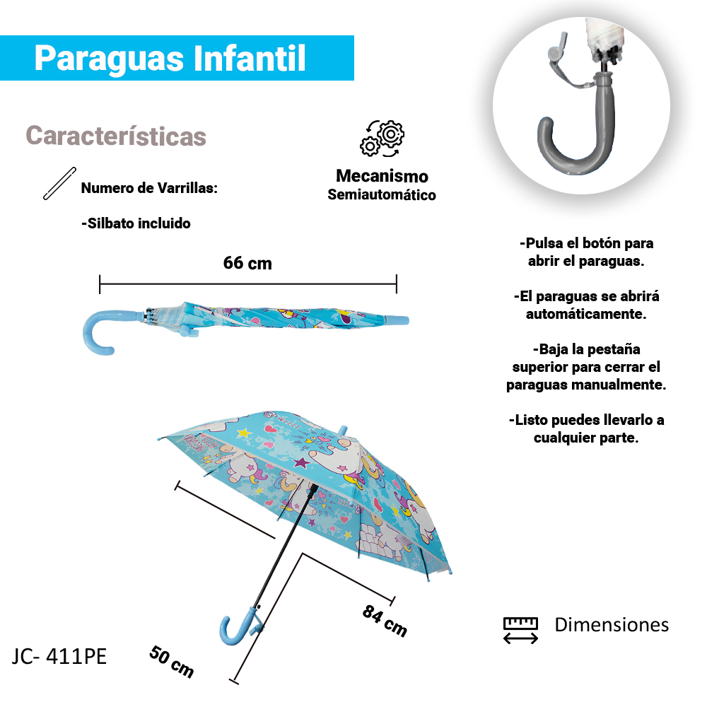 Paraguas Sombrilla Infantil Estampado Colores Y Silbato 6 Pz.