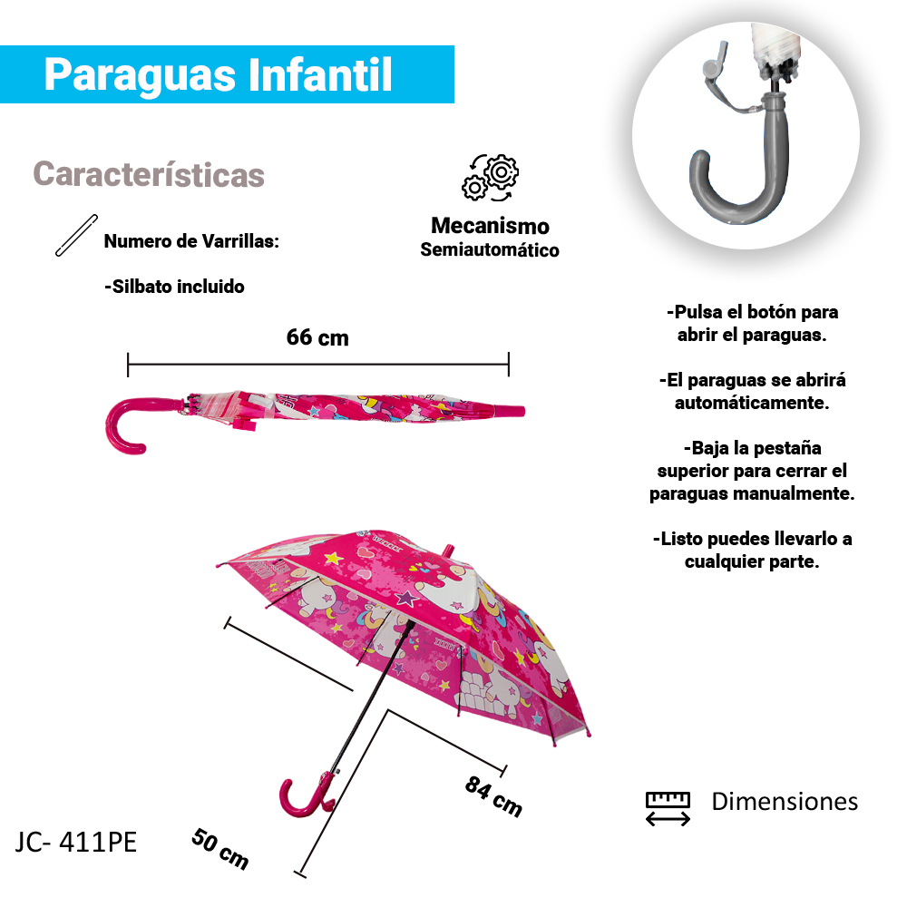 Paraguas Sombrilla Infantil Estampado Colores Y Silbato 6 Pz.