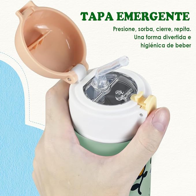 Termo Acero Inoxidable para Niño 16 Oz, EASYTAO Térmica de Botella para Agua 500ml con Tapa de Pajita, Taza Termo de Doble Pared a Prueba de Fugas, Caliente Agua Fría o Caliente (Verde).