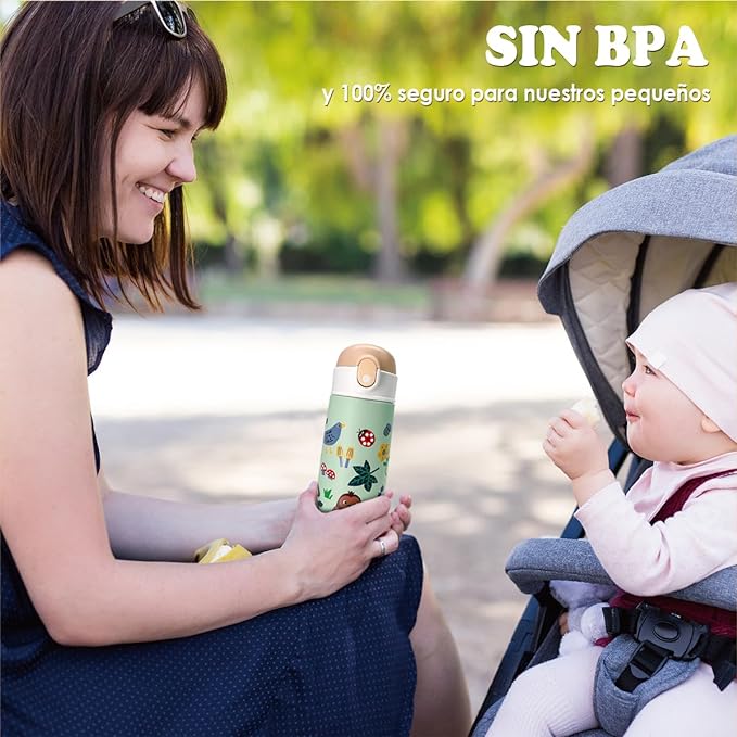 Termo Acero Inoxidable para Niño 16 Oz, EASYTAO Térmica de Botella para Agua 500ml con Tapa de Pajita, Taza Termo de Doble Pared a Prueba de Fugas, Caliente Agua Fría o Caliente (Verde).