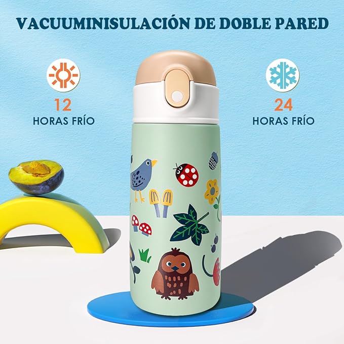 Termo Acero Inoxidable para Niño 16 Oz, EASYTAO Térmica de Botella para Agua 500ml con Tapa de Pajita, Taza Termo de Doble Pared a Prueba de Fugas, Caliente Agua Fría o Caliente (Verde).