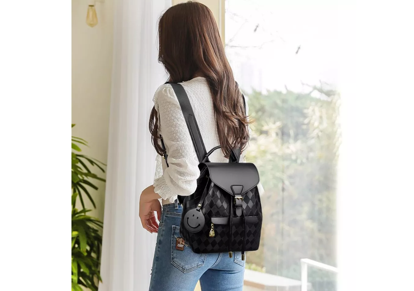M Backpack Mujer Antirrobo Moda Multi-bolsa Mochila Bolso De Casual Color Negro Diseño De La Tela Liso.