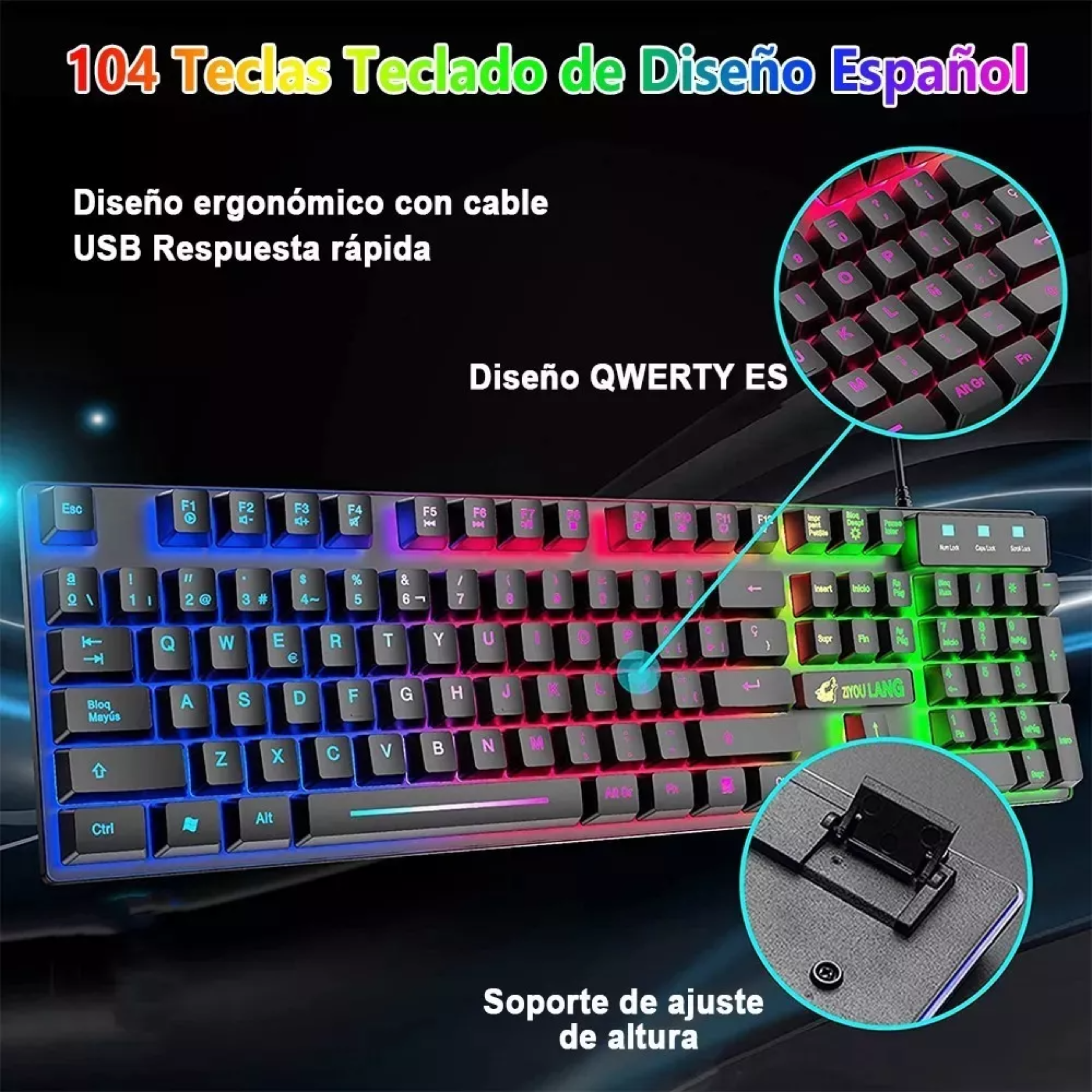 Kit de teclado y mouse Free Wolf T13 - Con cable - Luz Retroiluminación - 2400dpi - Mousepad - Español Latinoamérica - Para Pc Windows 7, 8, 10 O Mac Os - Color negro.
