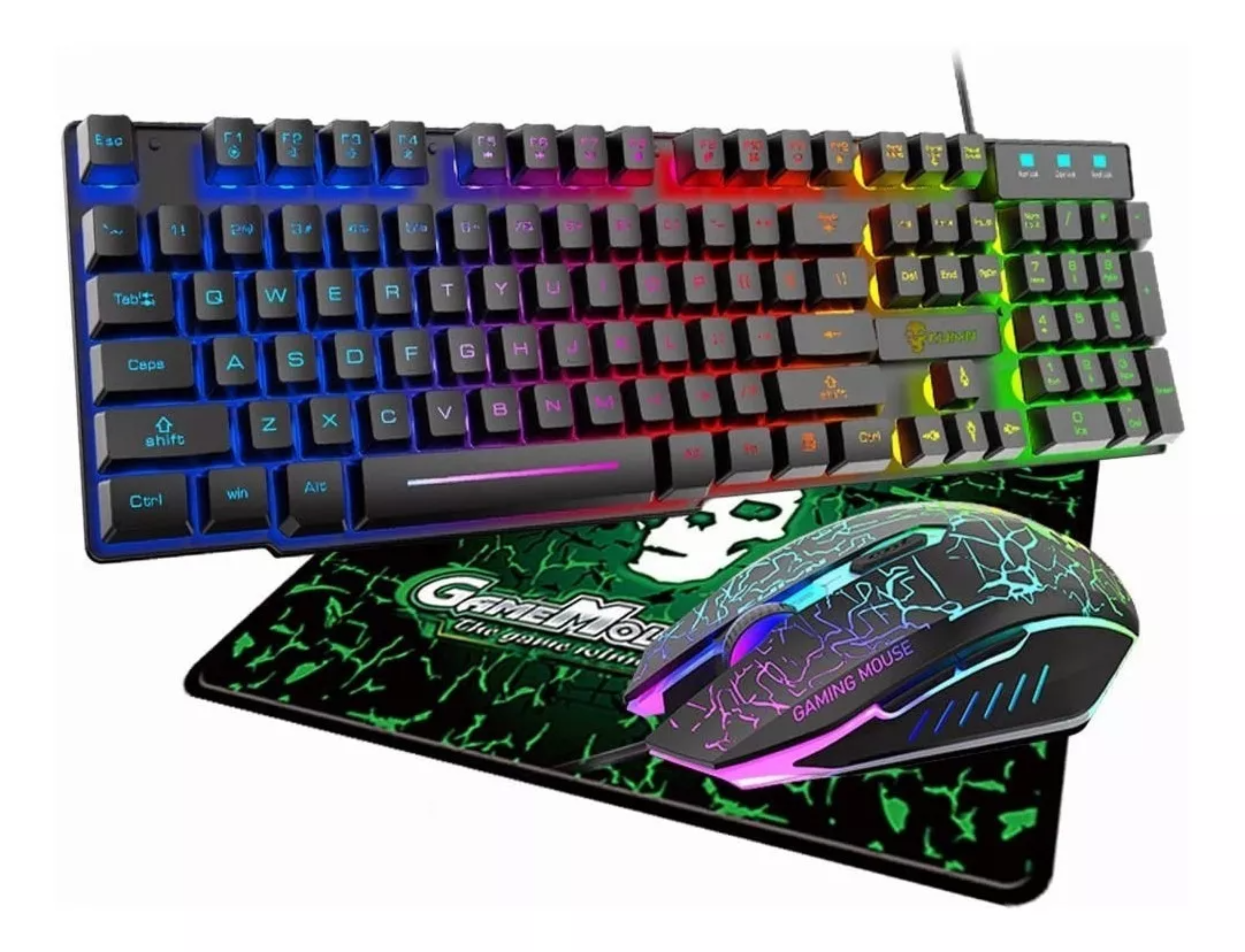 Kit de teclado y mouse Free Wolf T13 - Con cable - Luz Retroiluminación - 2400dpi - Mousepad - Español Latinoamérica - Para Pc Windows 7, 8, 10 O Mac Os - Color negro.