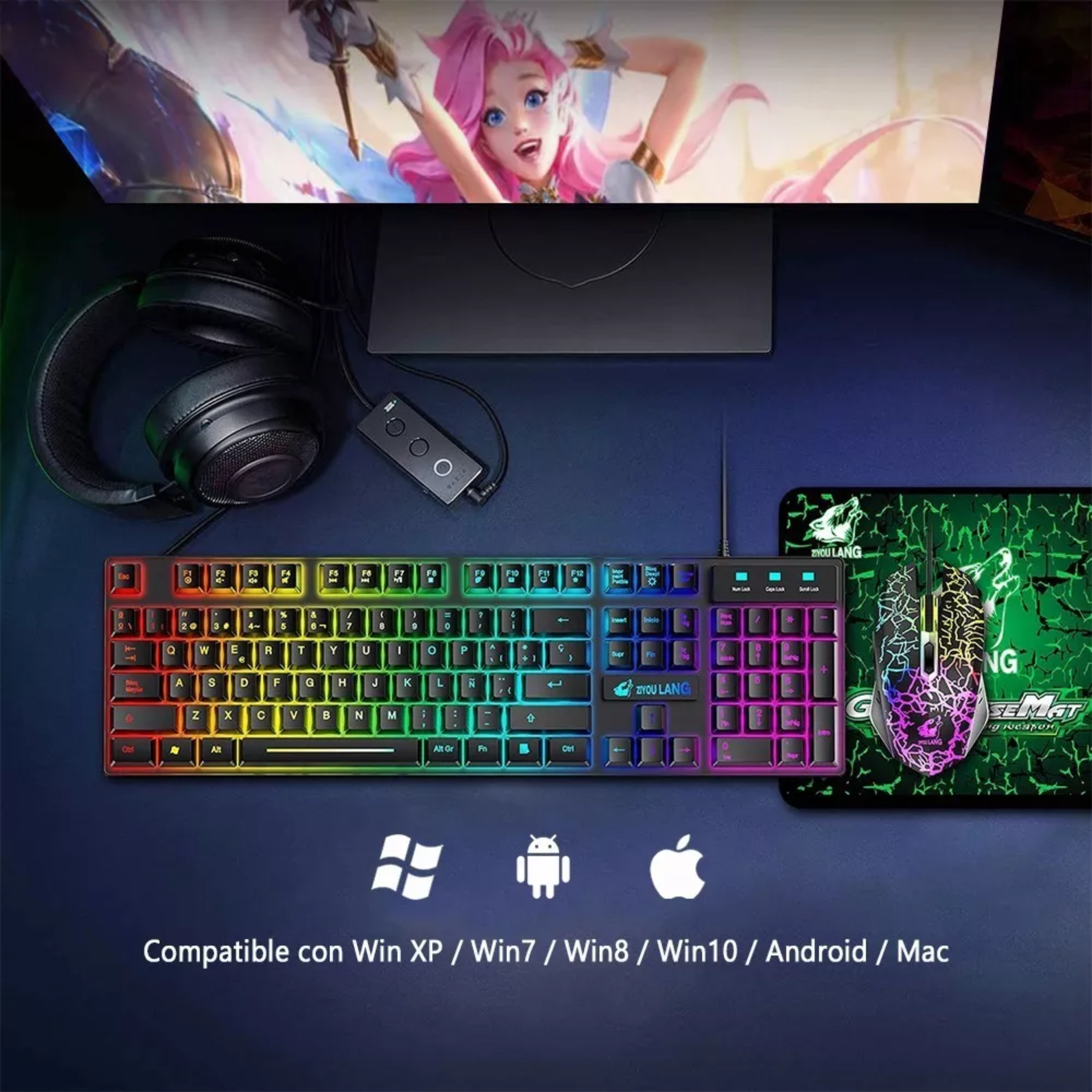 Kit de teclado y mouse Free Wolf T13 - Con cable - Luz Retroiluminación - 2400dpi - Mousepad - Español Latinoamérica - Para Pc Windows 7, 8, 10 O Mac Os - Color negro.