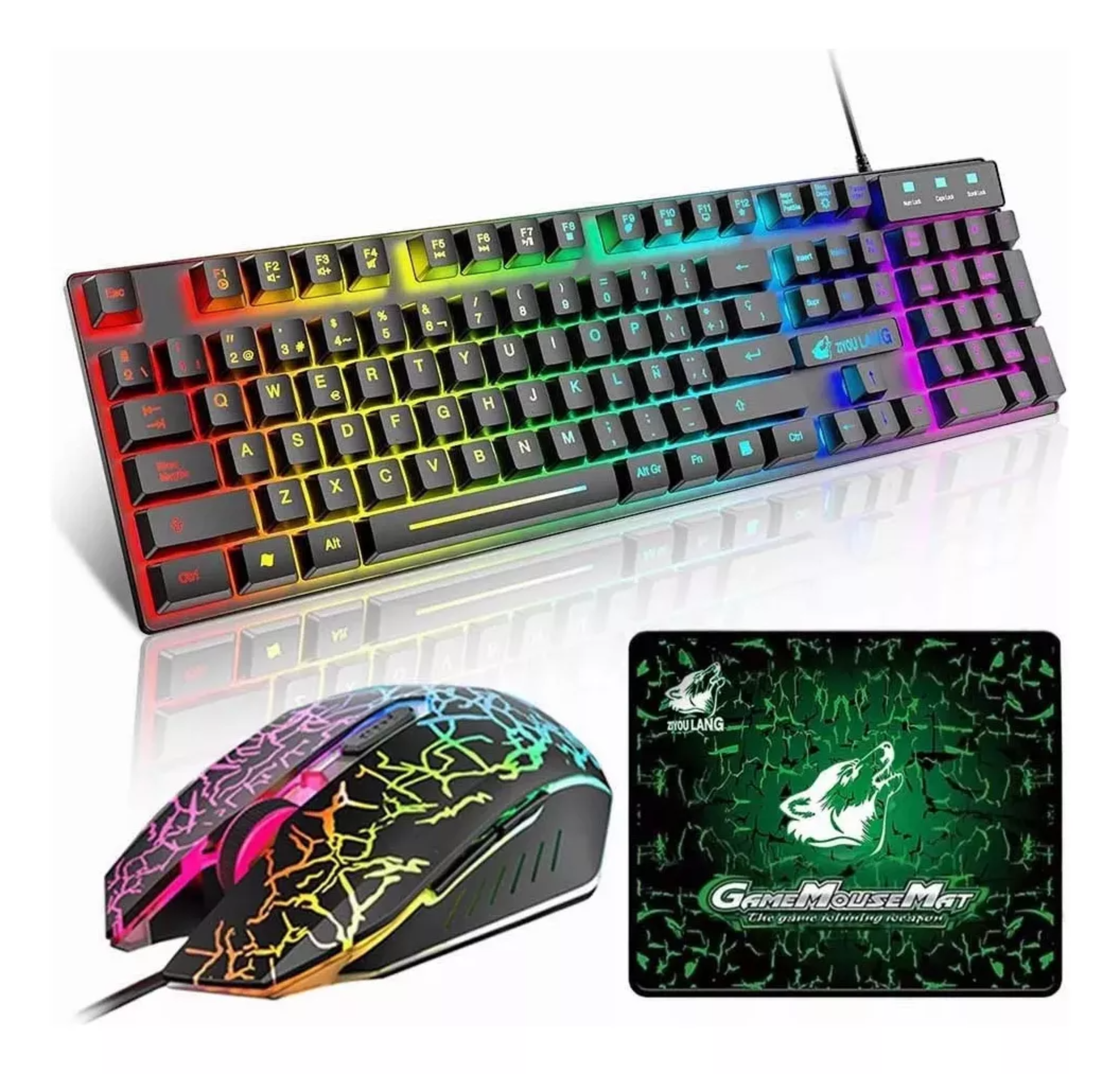 Kit de teclado y mouse Free Wolf T13 - Con cable - Luz Retroiluminación - 2400dpi - Mousepad - Español Latinoamérica - Para Pc Windows 7, 8, 10 O Mac Os - Color negro.