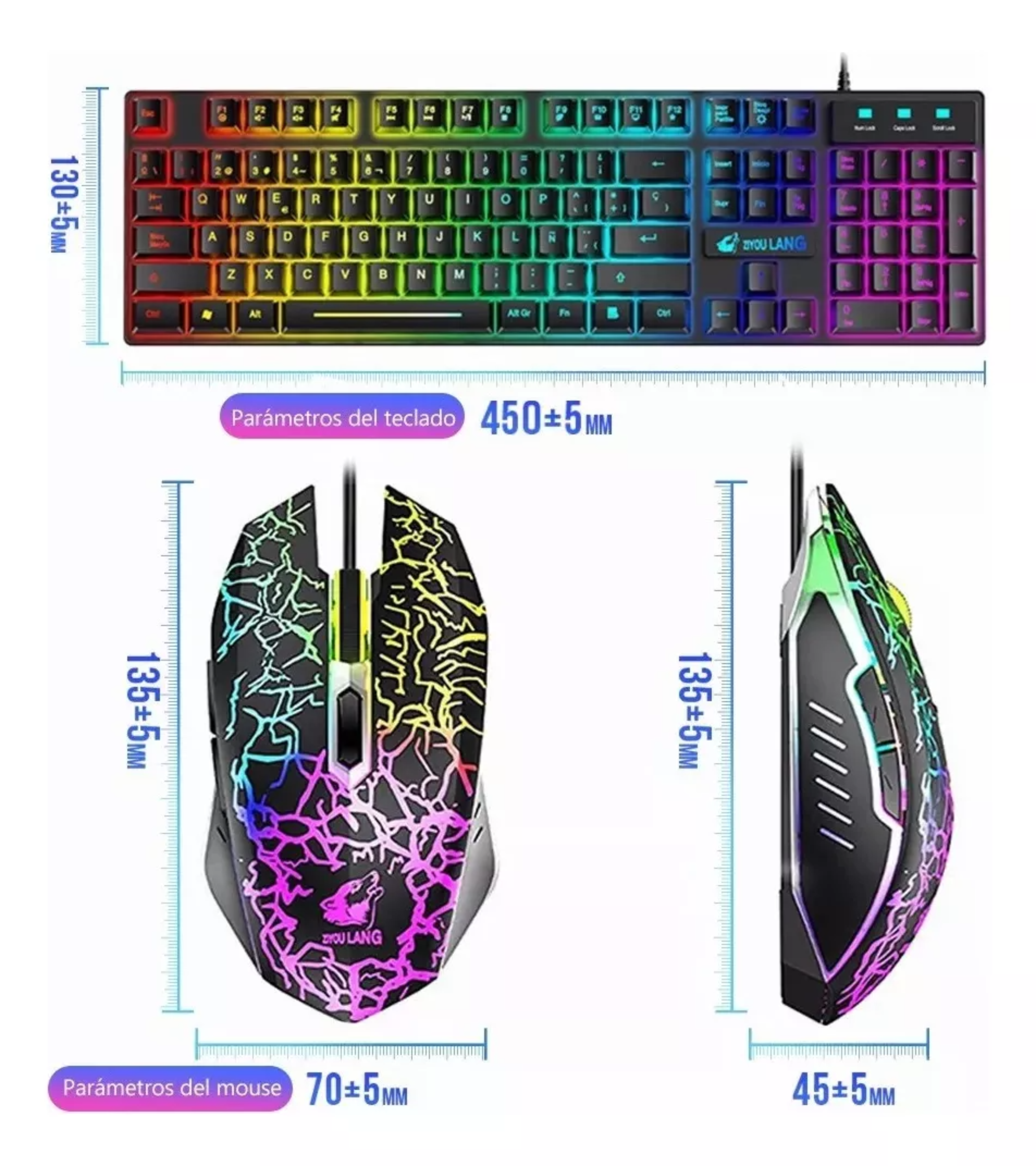 Kit de teclado y mouse Free Wolf T13 - Con cable - Luz Retroiluminación - 2400dpi - Mousepad - Español Latinoamérica - Para Pc Windows 7, 8, 10 O Mac Os - Color negro.