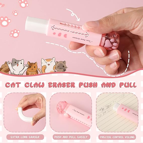 A 4 Suministros Escolares Lindos con Patas de Gato Kawaii Lindo Sacapuntas de Pata de Gato y Borrador Retráctil en Forma de Pata de Gato Suministros Escolares para Niños Oficina Escuela Hogar.