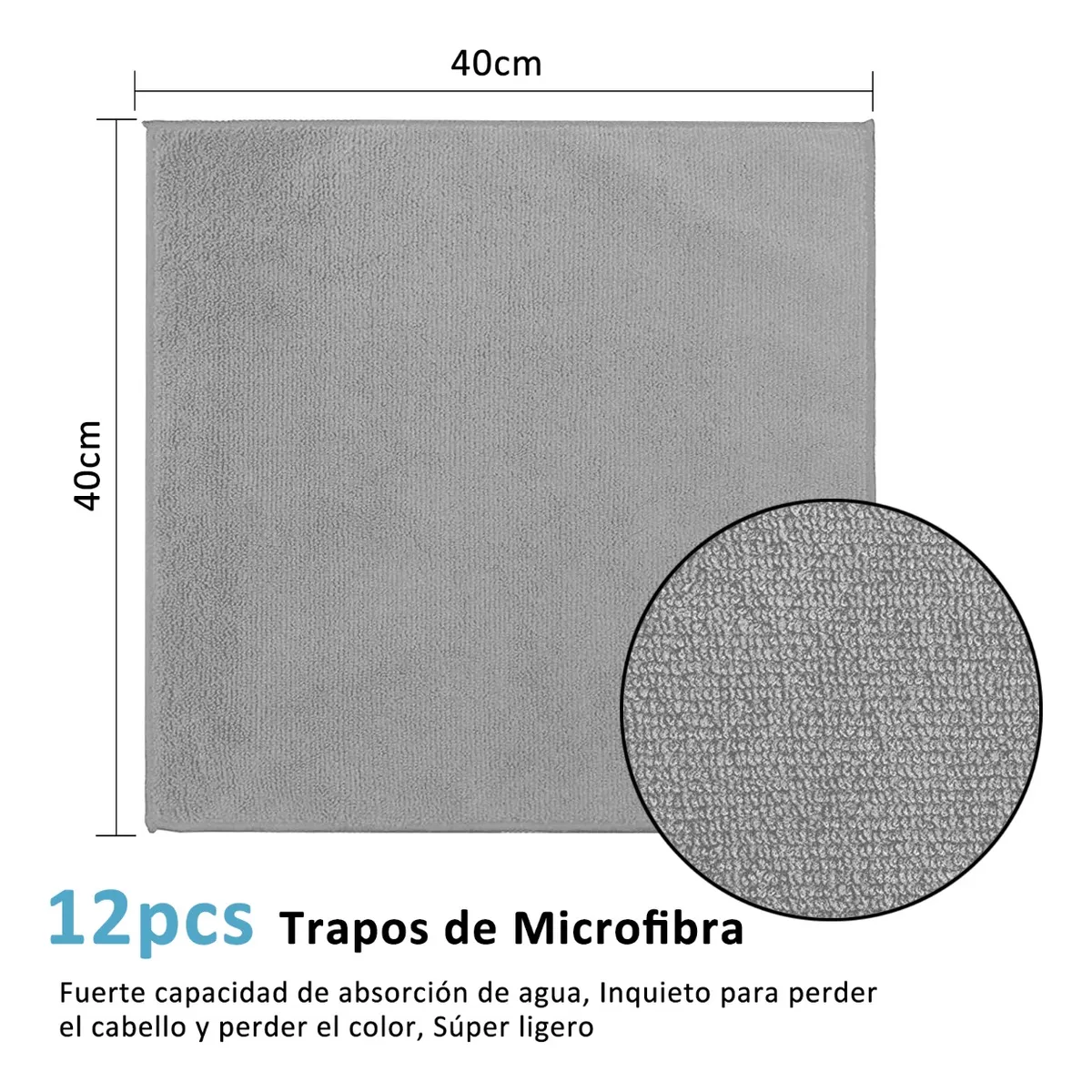 Trapo Paño De Microfibra Multiusos 40x40 Cm Paquete 12 Pzs Gris.