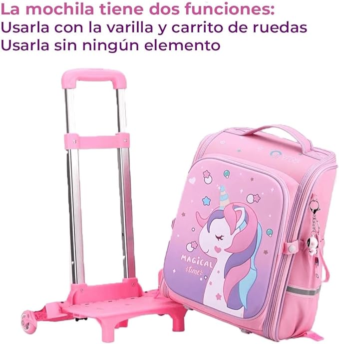 A Mochila con Ruedas para Niños Niñas, Mochila Escolar Impermeable Gran Capacidad para Estudiante de 5-12 años, Mochila de Viaje para Niños Manos Libre Maleta Ideal para Estudiantes (Rosa).