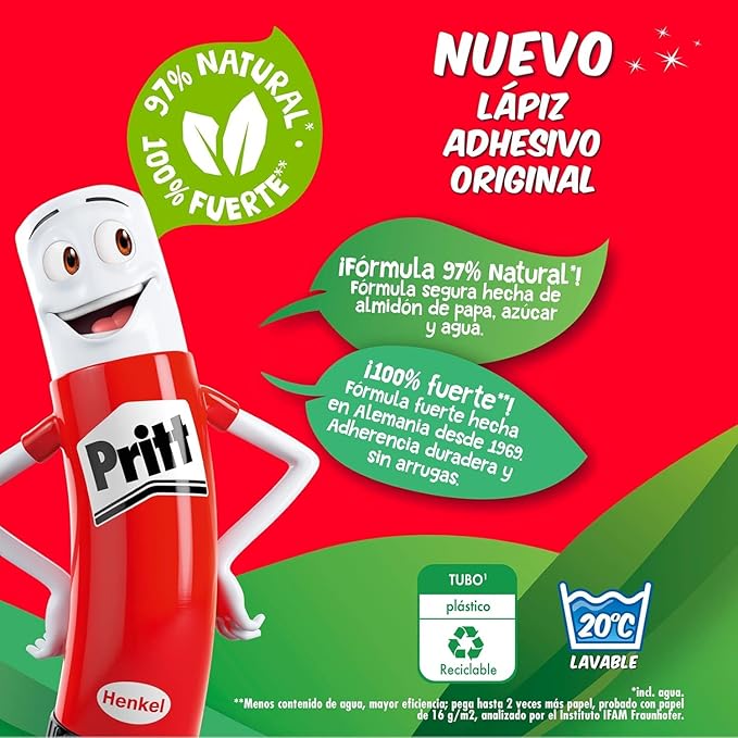 A Pritt - Lápiz adhesivo marca Pritt, es un pegamento seguro para niños, ideal para útiles escolares y manualidades, adhesivo resistente para oficina y papelería, pegamento Pritt, 12x11g.
