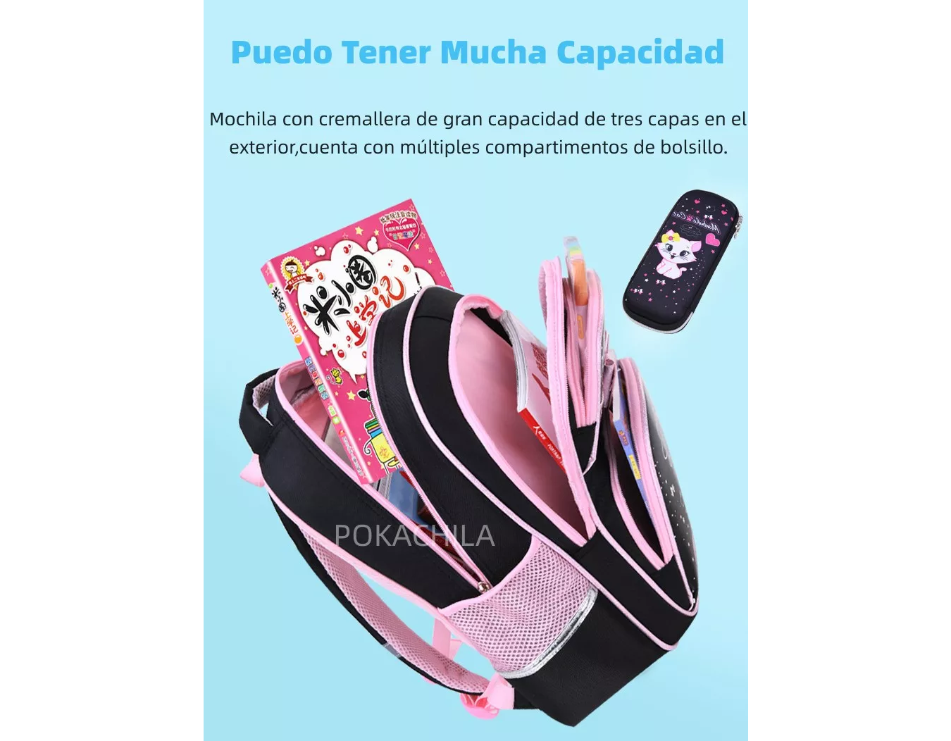 M Mochila Pokachila De Cuero Pu Impermeable Para Niña Preescolar Primaria De Gatito Con Lapicera Color Negro 46460.