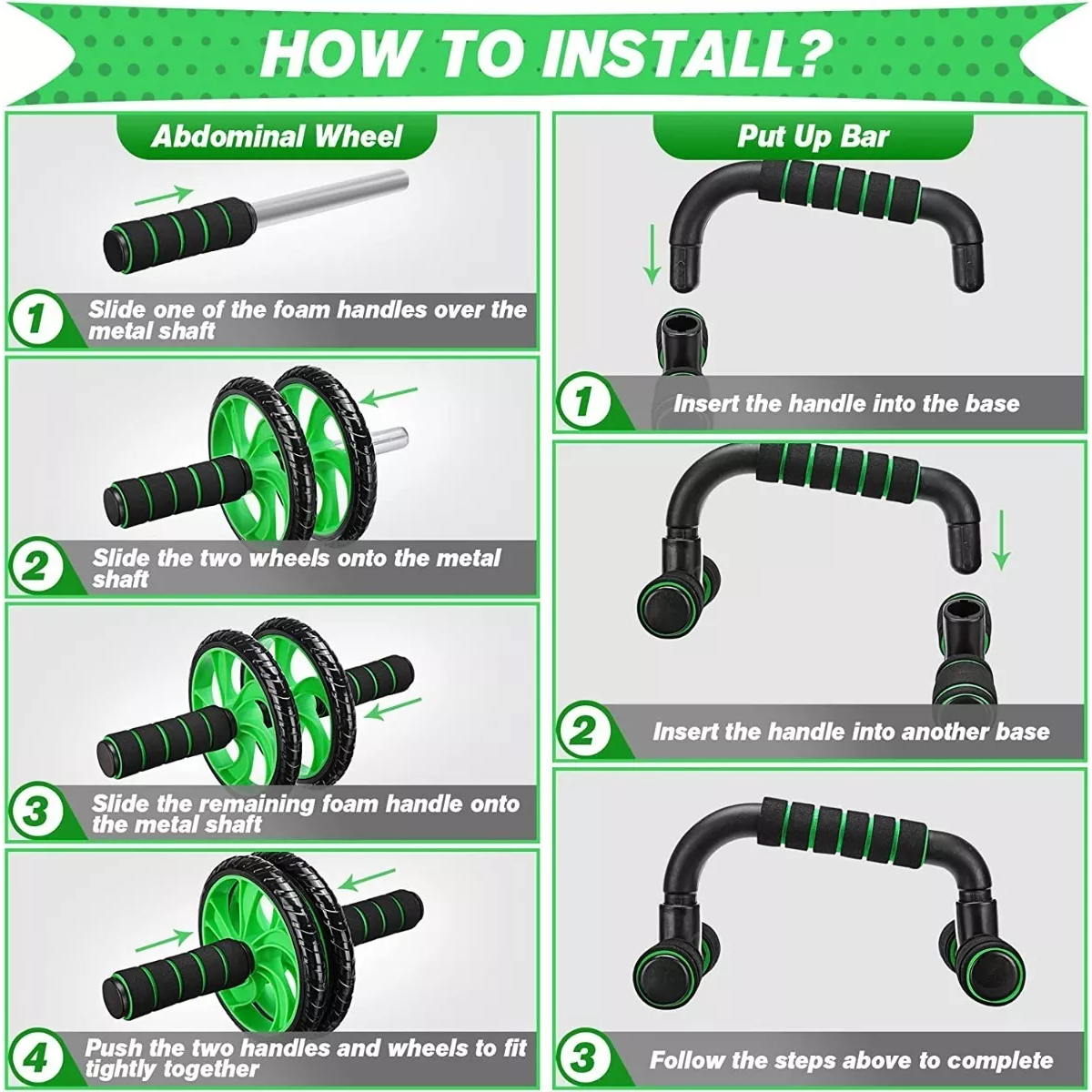 Kit Rodillo Rueda Abdominal Barras Push-up Cuerda Ejercitado Verde/Negro.