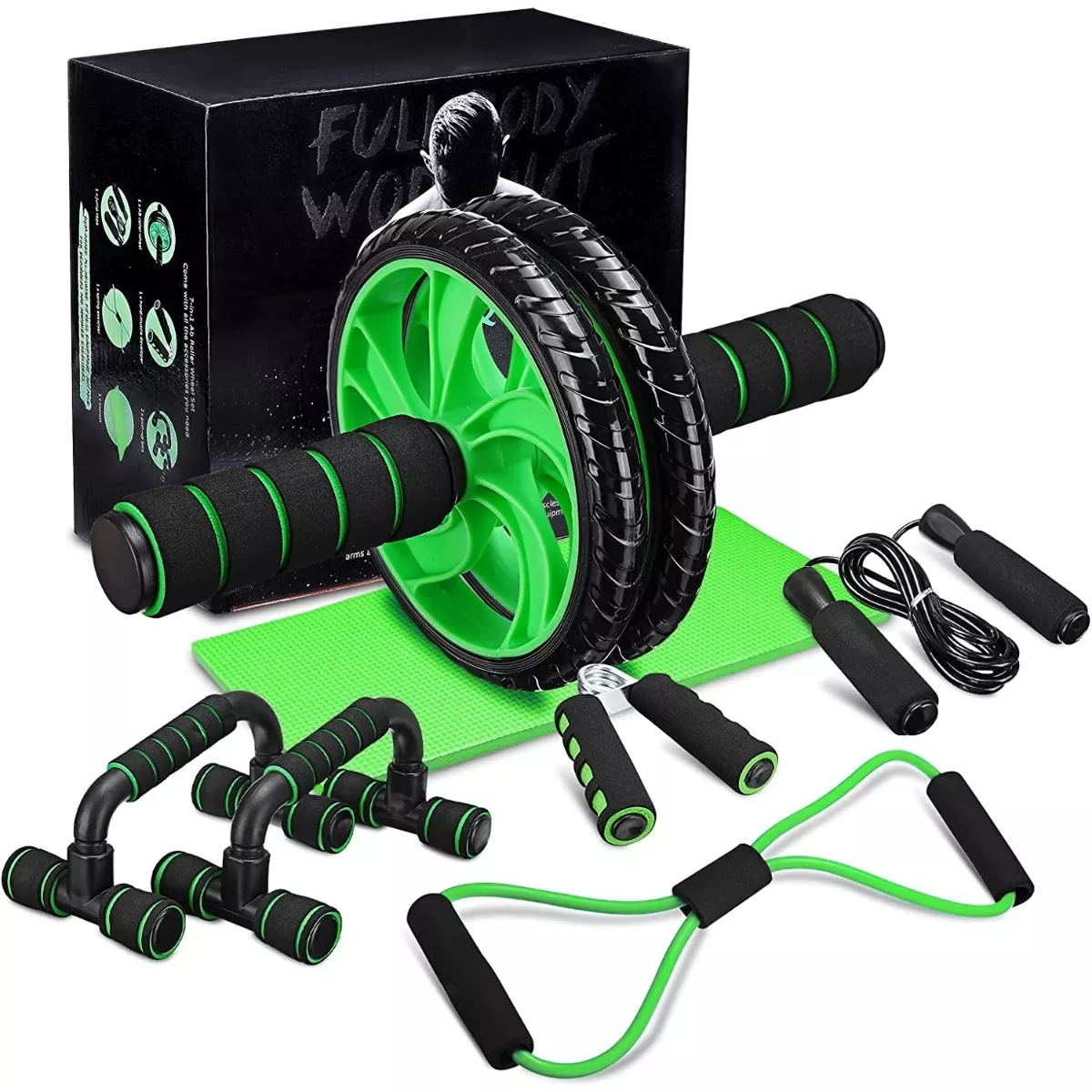 Kit Rodillo Rueda Abdominal Barras Push-up Cuerda Ejercitado Verde/Negro.