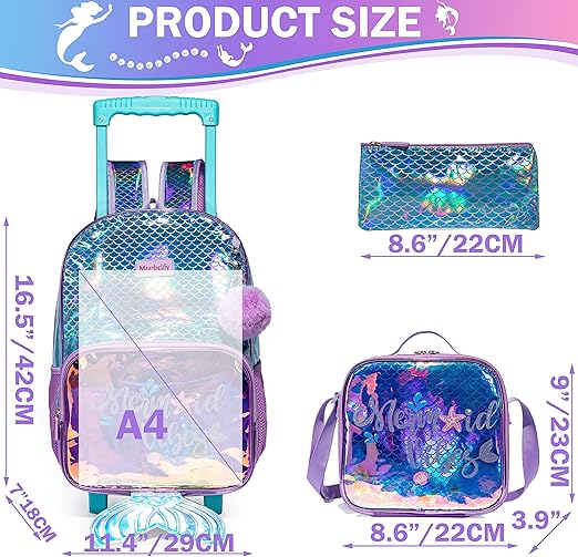 A Meetbelify Mochila rodante para niñas con ruedas, mochila rodante para niñas primarias.