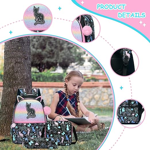 A Meetbelify - Mochilas escolares de gato para niñas, mochila negra con caja de almuerzo para estudiantes de primaria, suministros de regreso a la escuela, para niñas de 8 a 10 años, Gato negro.