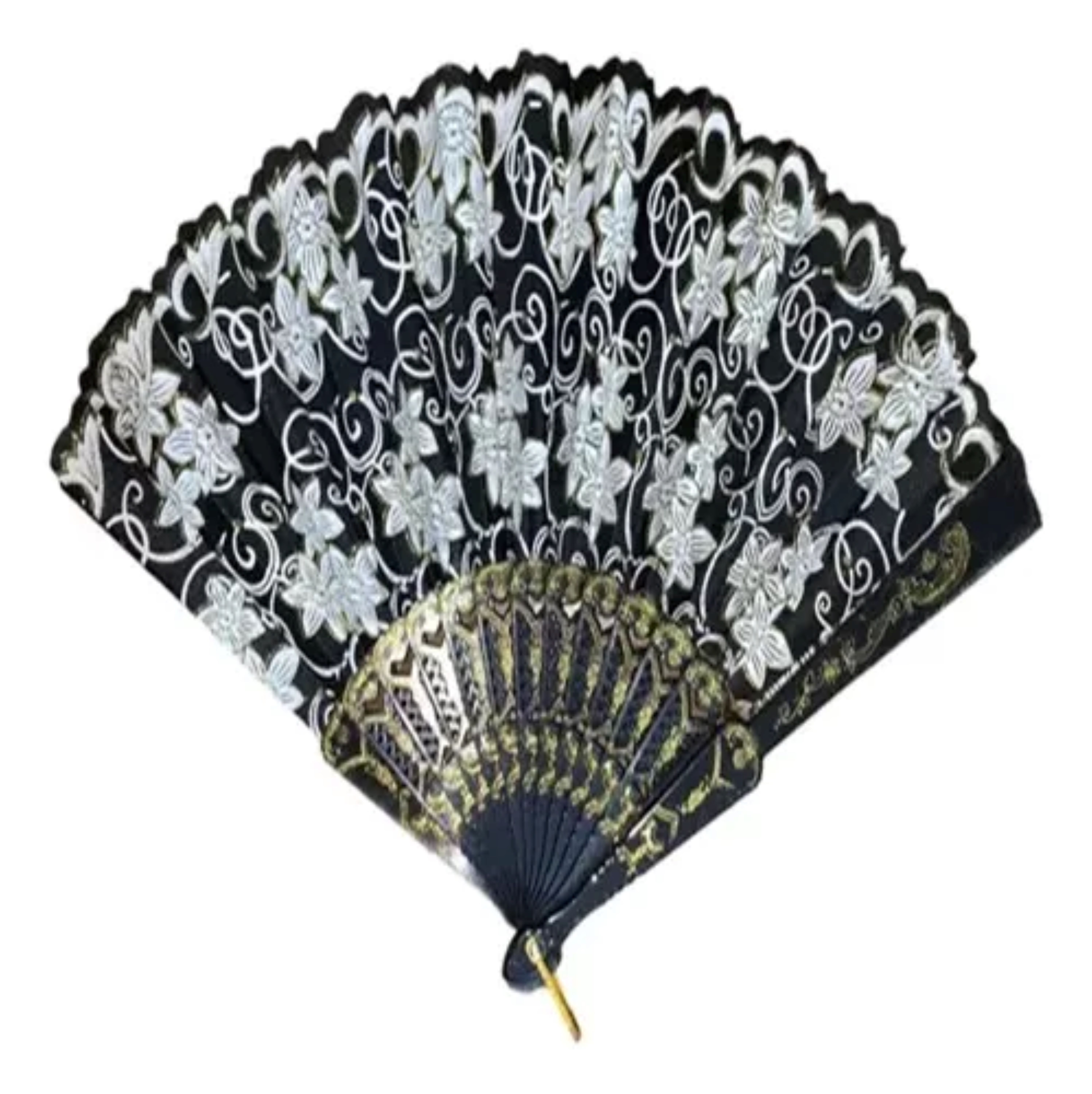 60 Abanico Negro Con Oro Plástico Tela Recuerdos Boda Danza.