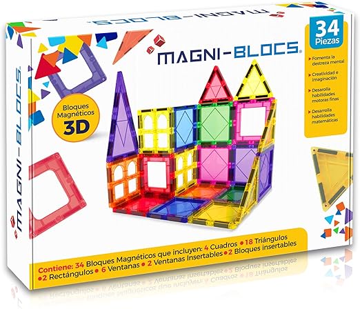 MAGNI-BLOCS Imanes Didácticos, Set de 34 Piezas, Bloques Magnéticos 3D, Figuras Geométricas Magnéticas Educativas para Niños, Rompecabezas Magnético en Tercera Dimensión.