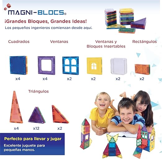 MAGNI-BLOCS Imanes Didácticos, Set de 34 Piezas, Bloques Magnéticos 3D, Figuras Geométricas Magnéticas Educativas para Niños, Rompecabezas Magnético en Tercera Dimensión.