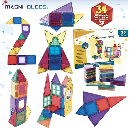 MAGNI-BLOCS Imanes Didácticos, Set de 34 Piezas, Bloques Magnéticos 3D, Figuras Geométricas Magnéticas Educativas para Niños, Rompecabezas Magnético en Tercera Dimensión.