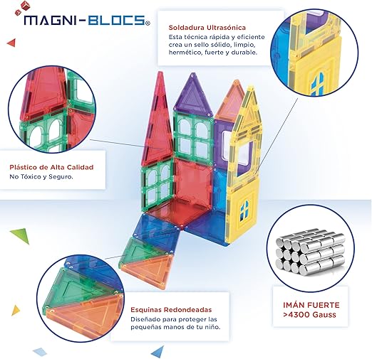 MAGNI-BLOCS Imanes Didácticos, Set de 34 Piezas, Bloques Magnéticos 3D, Figuras Geométricas Magnéticas Educativas para Niños, Rompecabezas Magnético en Tercera Dimensión.
