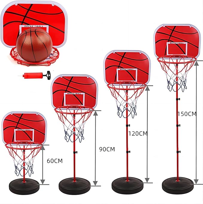 CHEHILL Juego de Canasta de Basquetbol y Soporte Niños, Aro de Baloncesto para Niños para Interiores y Exteriores Portátil Altura Ajustable 60-150 cm con 2 Pelota, Red, Bomba.
