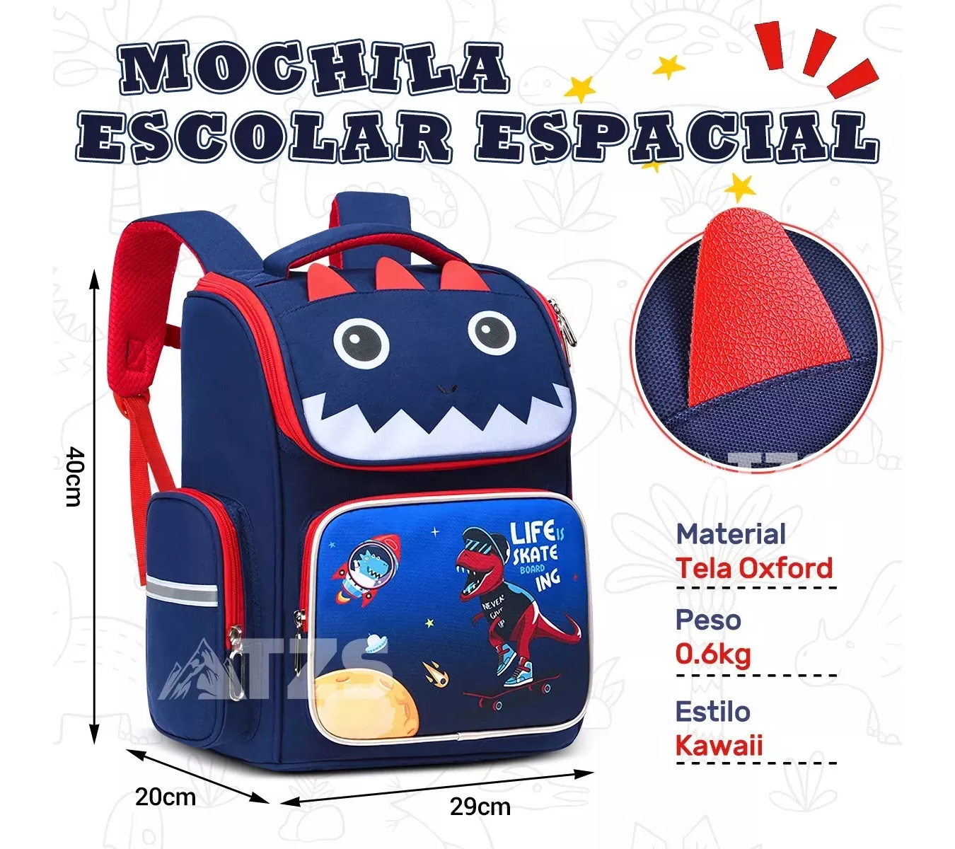 M Mochila Escolar Primaria Para Niños Infantil Dinosaurio Gran.