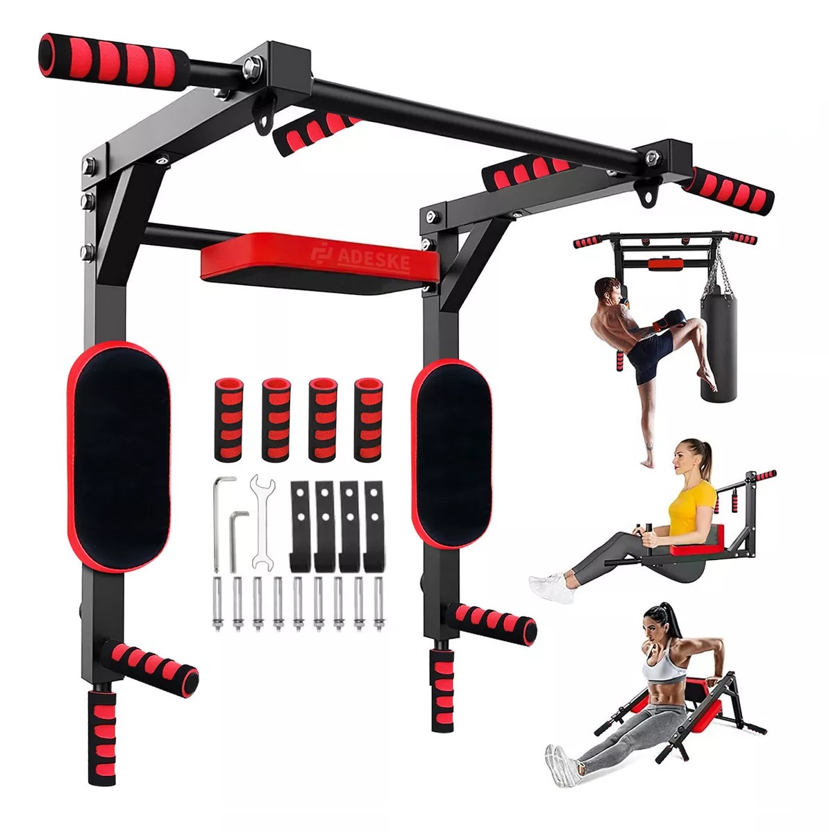 Barra 8en1 Dominadas Multifunciona Ejercicio Gym Calistenia Negro c/Rojo.
