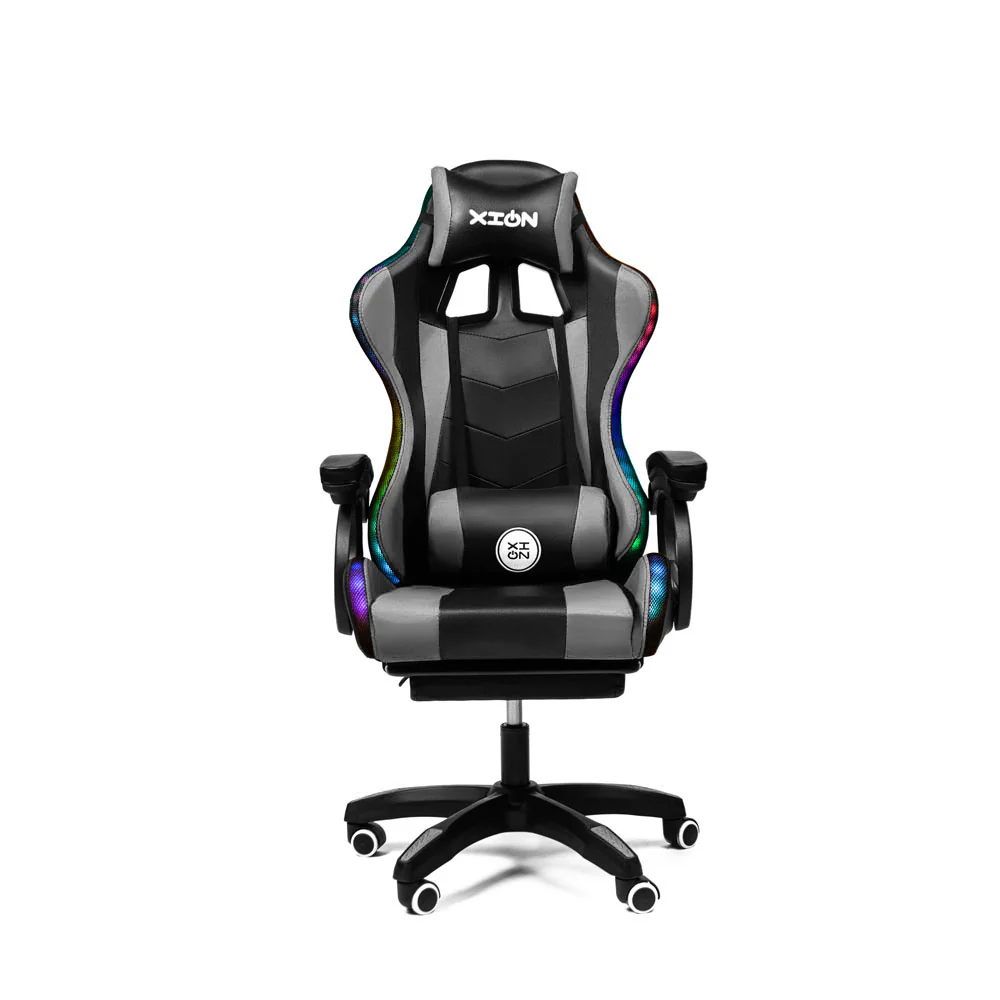 Silla Gamer con LUCES Ergonómica RGB con Masajeador Lumbar y Posapies Gris