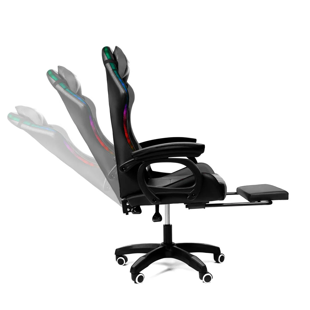 Silla Gamer con LUCES Ergonómica RGB con Masajeador Lumbar y Posapies Gris
