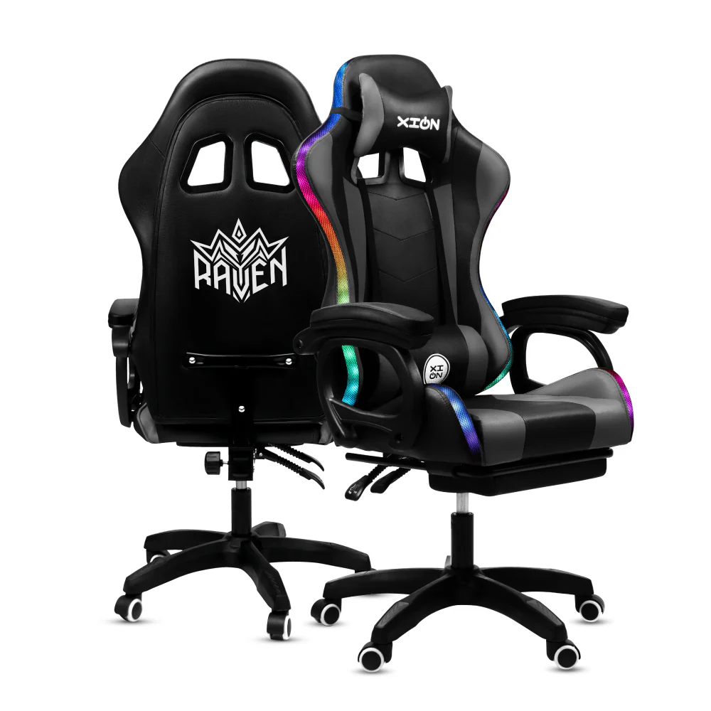 Silla Gamer con LUCES Ergonómica RGB con Masajeador Lumbar y Posapies Gris