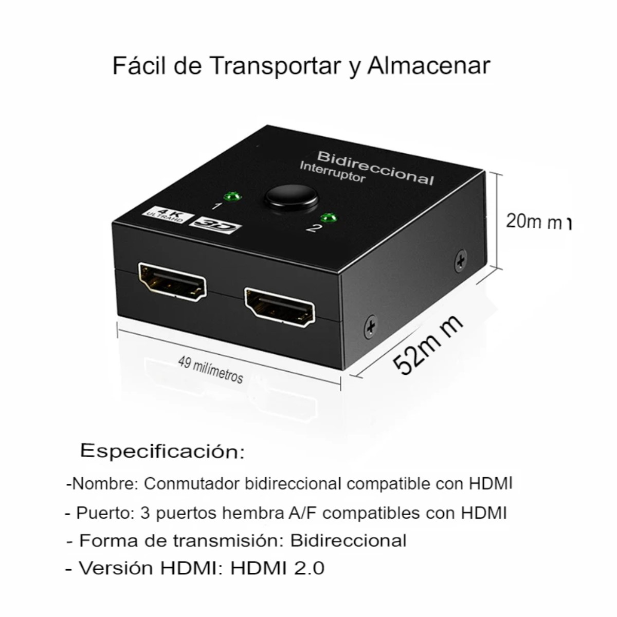 Divisor Interruptor bidireccional HDMI 2,0 4K 1x2 2x1 adaptador 2 puertos duales Ultra HD 4K.