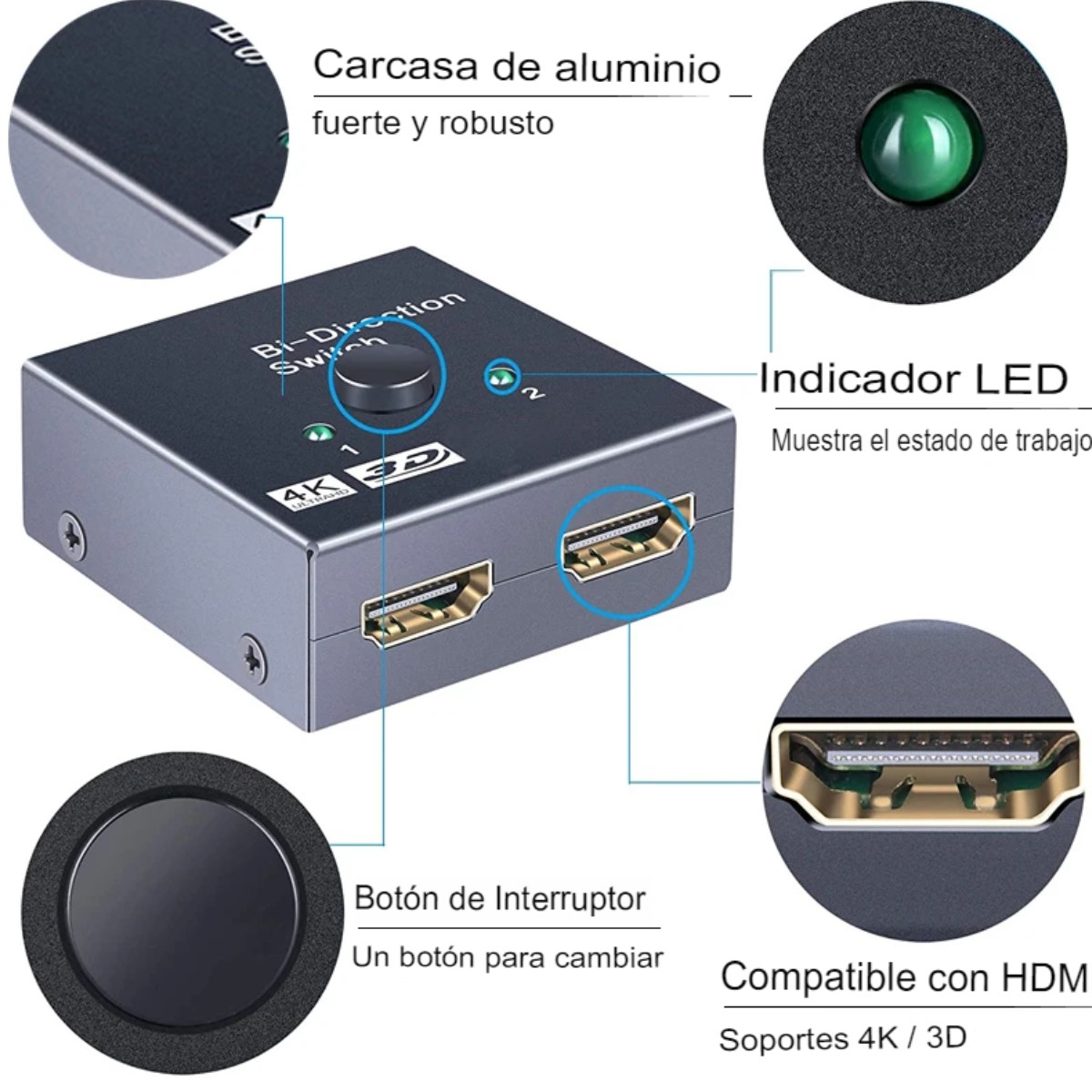 Divisor Interruptor bidireccional HDMI 2,0 4K 1x2 2x1 adaptador 2 puertos duales Ultra HD 4K.