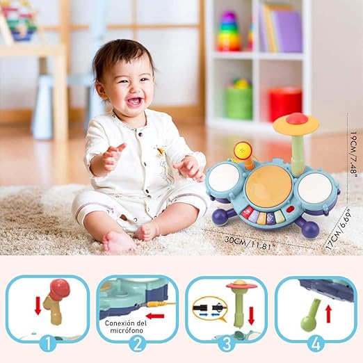 RUBOQE Juguetes de Instrumentos Musicales, Batería Infantil con Baquetas, Teclado de Piano y Micrófono, Desarrollar El Talento Musical de los Niños, Regalo Perfecto para Niños y Niñas de 3 Años.