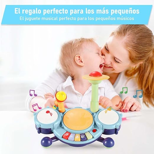 RUBOQE Juguetes de Instrumentos Musicales, Batería Infantil con Baquetas, Teclado de Piano y Micrófono, Desarrollar El Talento Musical de los Niños, Regalo Perfecto para Niños y Niñas de 3 Años.