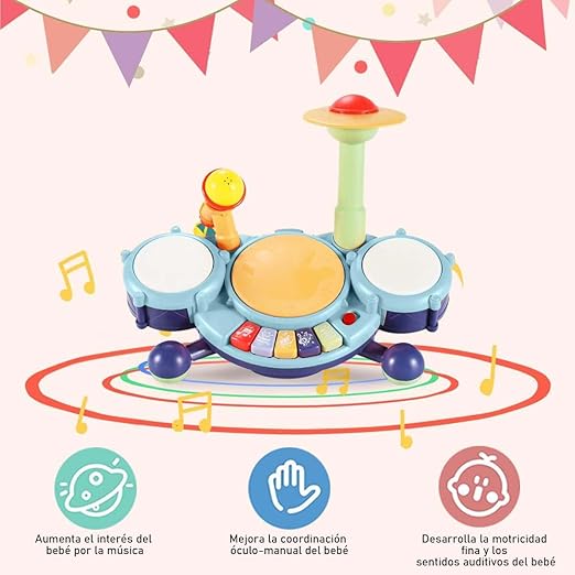 RUBOQE Juguetes de Instrumentos Musicales, Batería Infantil con Baquetas, Teclado de Piano y Micrófono, Desarrollar El Talento Musical de los Niños, Regalo Perfecto para Niños y Niñas de 3 Años.