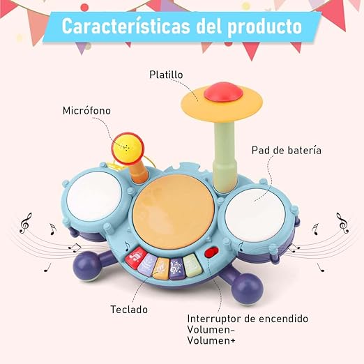 RUBOQE Juguetes de Instrumentos Musicales, Batería Infantil con Baquetas, Teclado de Piano y Micrófono, Desarrollar El Talento Musical de los Niños, Regalo Perfecto para Niños y Niñas de 3 Años.